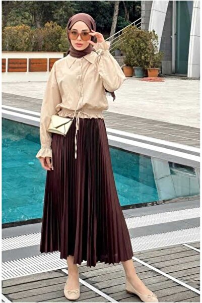 aytenli Fusta plisată cu aspect de piele Mărime standard Talie elastică Tesatura de plasă Fusta ușor strălucitoare