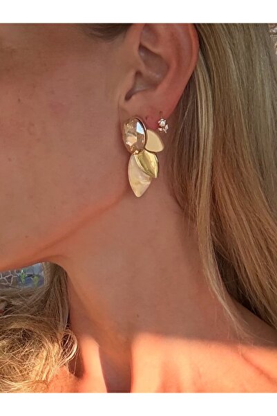 Vip Altın Kaplama Krem Yaprak Model Küpe Kararmaz 4cm
