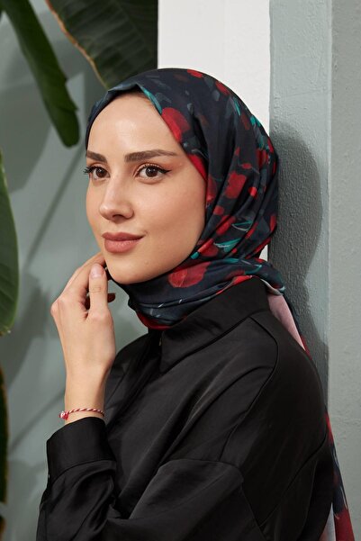 İpekhan IpeKhan Botanical Series - BlacK Red Cotton Viscose Shawl 3023-14