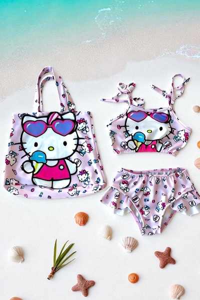 morbella Kız Çocuk Desenli Mayo Takımı + Çanta Hediyeli - Pembe Siyah