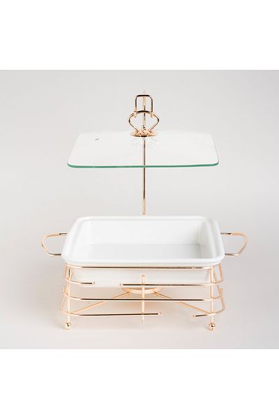 LA MESA Square Food Warmer Set With Candle Stand Silver