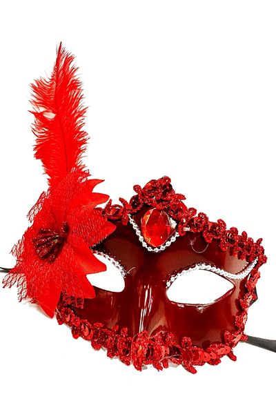 PRATİKOBA Red Matte Color Side Feathered Rose Party Prom Venetian Mask 16X22