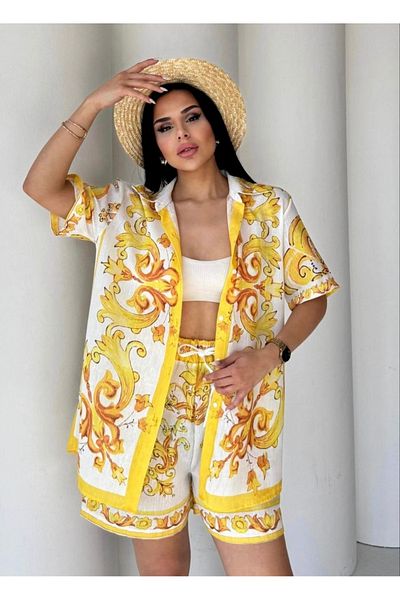 HandCo Linen Patterned Shirt Shorts Summer Double Set |   Comfortable and Spacious Mediterranean Combination