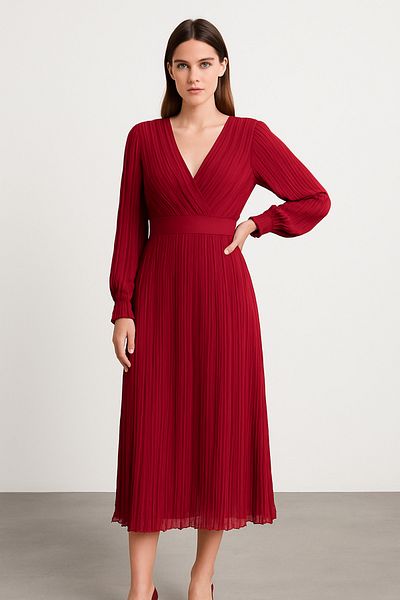 Noi Belis Red Pleated Lined Chiffon Dress Ss25El0050