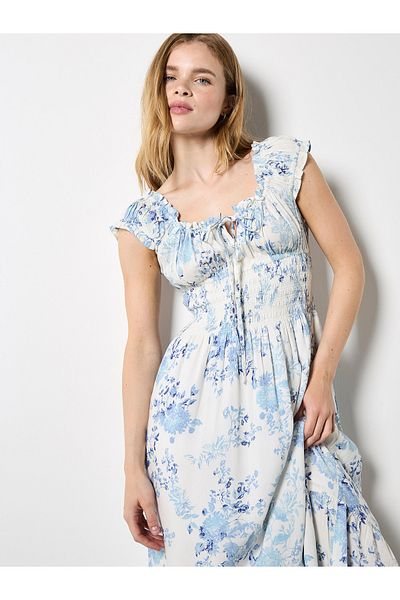 Apricot Floral Smocked Midi Dress