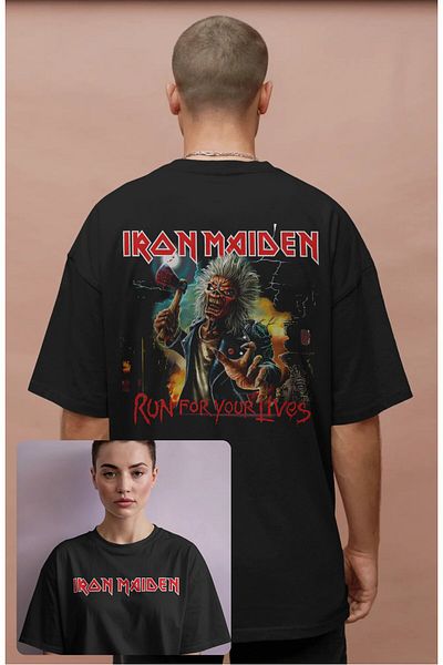 Fuddy Moda Tricou oversize Iron Maiden cu imprimeu pe spate, tricou unisex Run For Your Lives scris cu decolteu