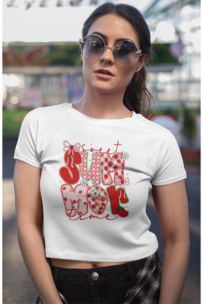 Fuddy Moda Sweet Summer Time Written Crop Top, Women's Strawberry Watermelon Ribbon Themed Crop Blouse