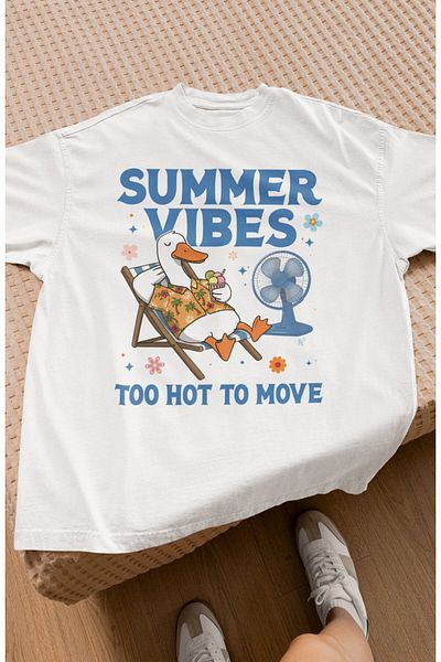 Fuddy Moda Tricou oversize Summer Vibes scris, tricou unisex cu decolteu cu imprimeu de rață pe plajă