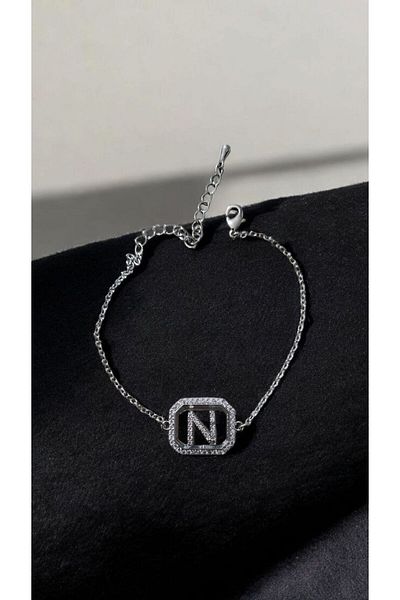 AKSESUARIM Women's Zircon Stone Square Steel Letter Bracelet
