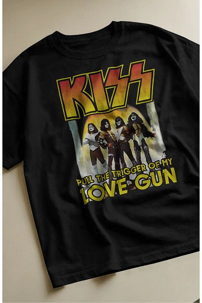 Fuddy Moda Tricou oversize Kiss Love Gun scris, tricou unisex cu tematică Rock Band