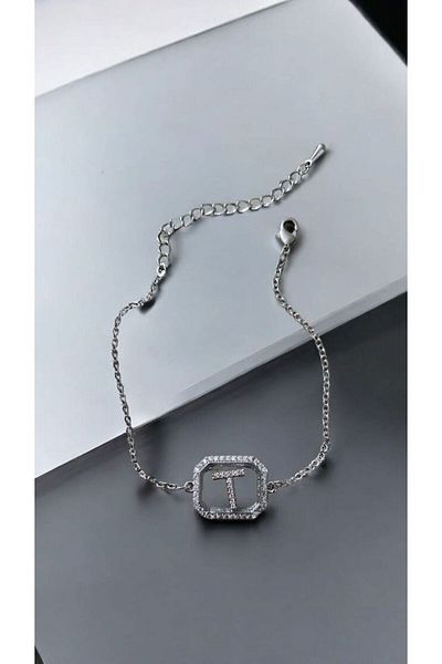 AKSESUARIM Women's Zircon Stone Square Steel Letter Bracelet