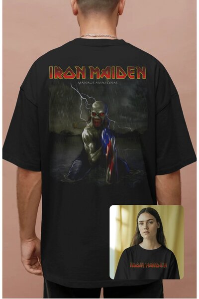 Fuddy Moda Oversize Manaus Amazonas Back Printed T-Shirt, Unisex Iron Maiden Themed Crew Neck T-Shirt