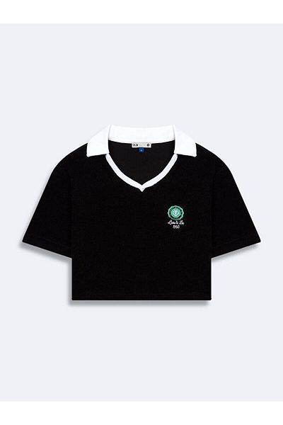 Ltb Terry Fabric Graphic Crop Short Sleeve Black T-Shirt