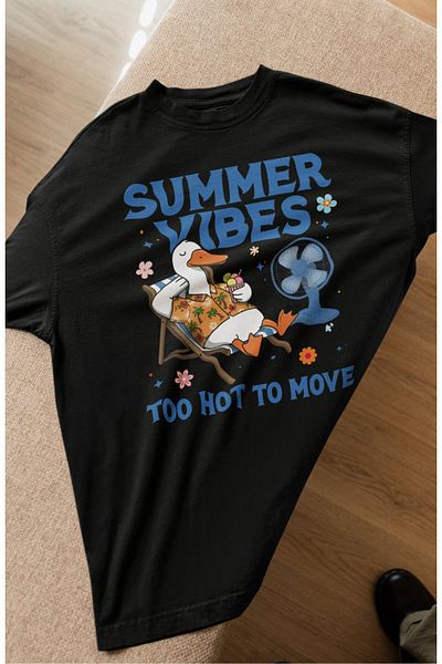 Fuddy Moda Tricou oversize Summer Vibes scris, tricou unisex cu decolteu cu imprimeu de rață pe plajă