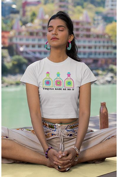Fuddy Moda Tequila Made Me Do It Printed Crop Top, Women's Tequila Themed Crop Blouse