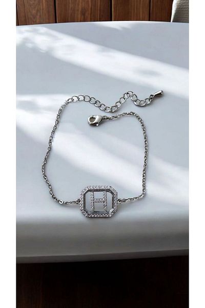 AKSESUARIM Women's Zircon Stone Square Steel Letter Bracelet