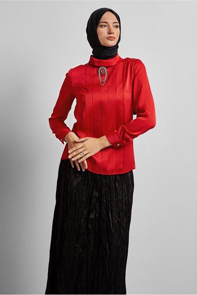 Alvina DRAPE DETAILED ACCESSORIES SATIN BLUZ 43573