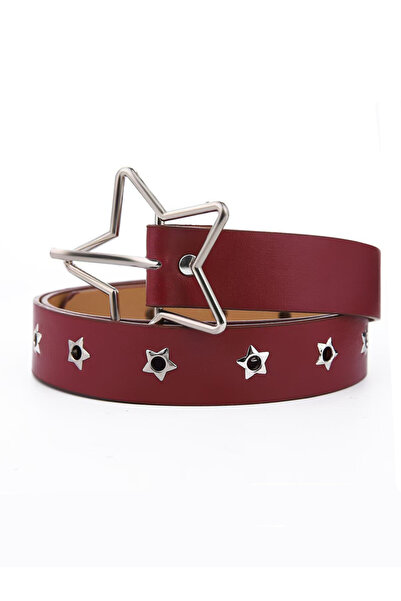 Choice Red Punk-Style Star Embellished Belt with Multiple Holes Fashionable B...