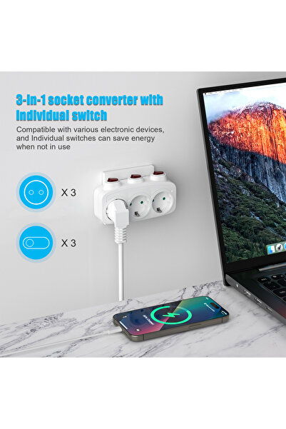 Choice 250V 3 WHITE 3-socket adapter with switch, 3-socket plug adapter, multi-socket with switch, socket d