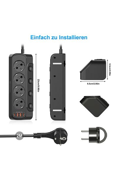 Choice 100-250V 4 black 4 Corner Kitchen Power Sockets with 2 USB C Ports, 2 USB Ports for Desks, Kitchen,