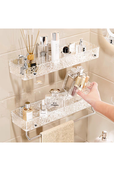 Living رف حمام أكريليك مثبت على الحائط مع قضيب مناشف وخطافين