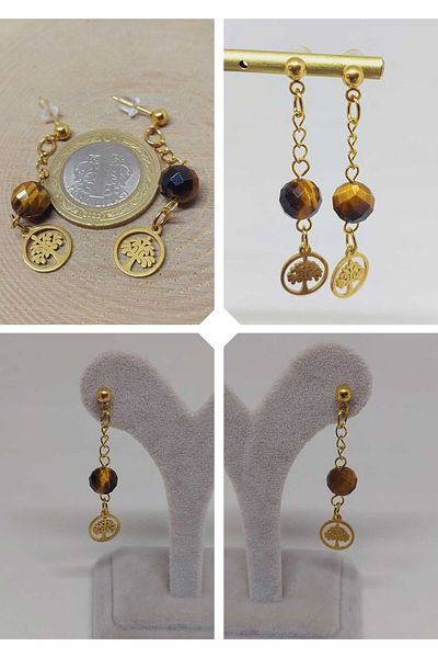 Yasamtohumu Natural Stone Gold Steel Earrings - Tiger's Eye Stone Capella Series with Life Tree (55682)