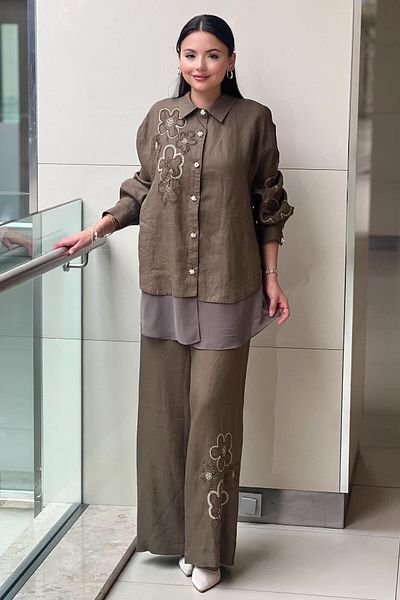 Ghisa Bncuk Floral Embroidered Chiffon Detailed Shirt Pants Set