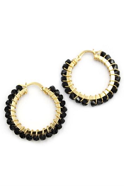 Rasanet Crystal Bead Hoop Earrings - Black
