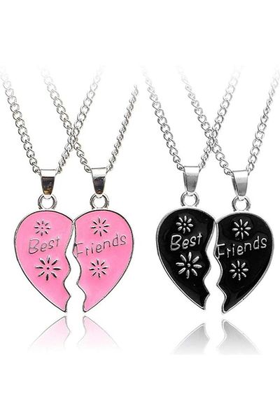 REDz Accessories Best Friends Heart Necklaces, Floral Design, Gift for Two Friends, Rose Silver