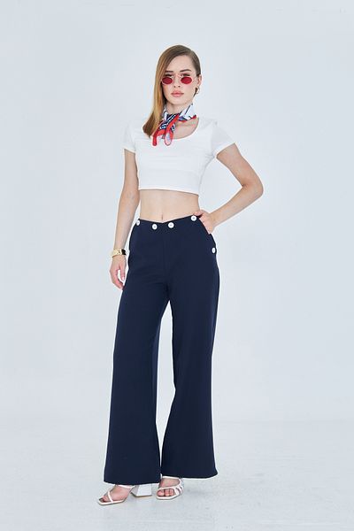 so much Women's Navy Blue High Waist Button Detailed Wide Leg Pants