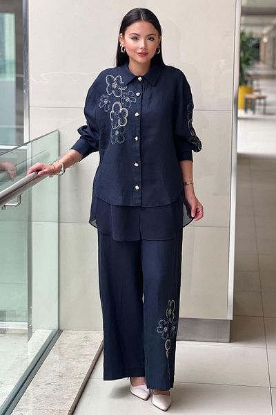 Ghisa Bncuk Floral Embroidered Chiffon Detailed Shirt Pants Set