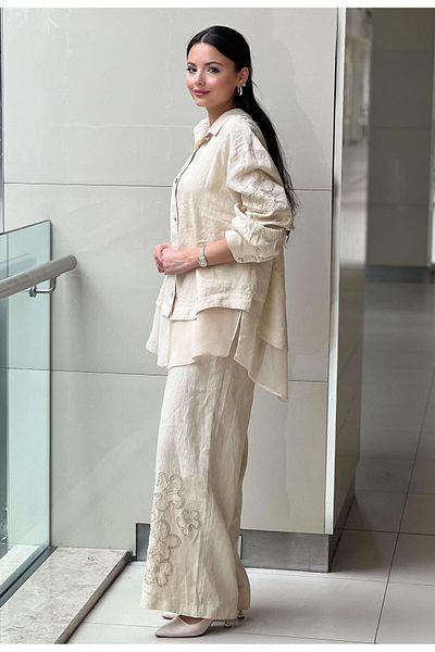 Ghisa Bncuk Floral Embroidered Chiffon Detailed Shirt Pants Set