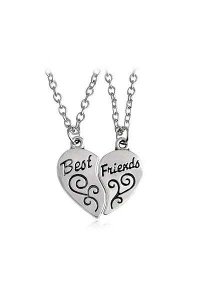 REDz Accessories Best Friends Necklaces, Engraved Heart Pendant, Set of 2 Pieces, Vintage Silver
