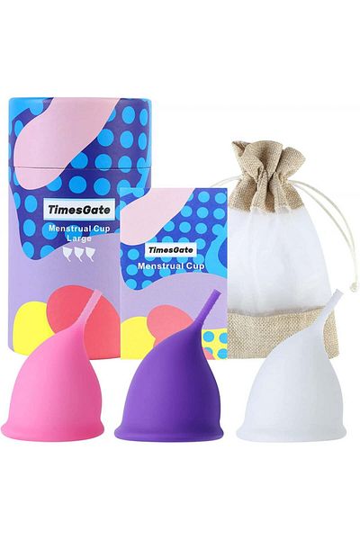 TimesGate menstrual cups, set of 3, silicone, pink/white/purple, 63 x 45 mm