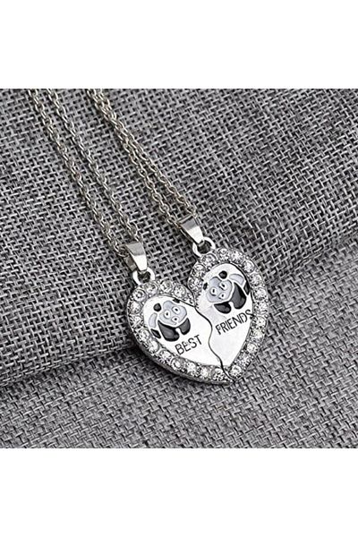 REDz Accessories Best Friends Necklace, Heart With Panda And Crystals, Set of 2 Pieces, Silver