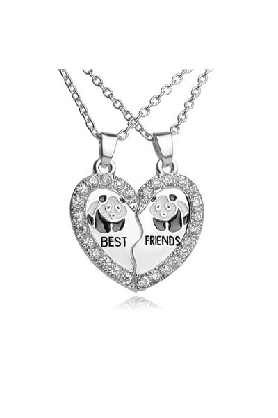 REDz Accessories Best Friends Necklace, Heart With Panda And Crystals, Set of 2 Pieces, Silver