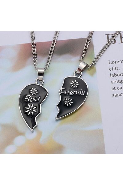 REDz Accessories Best Friends Heart Necklaces, Floral Design, Gift For Two Friends, Black Silver