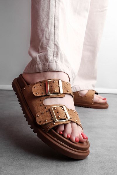 Lal Shoes & Bags Larwen Women's Metal Beaded Double Strap Buckle Detailed Slippers-S.Taba