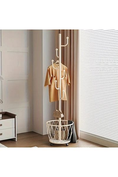 rexa Freestanding Metal Coat Rack Stand with Storage Basket & Wheels – Multi-Purpose Organizer