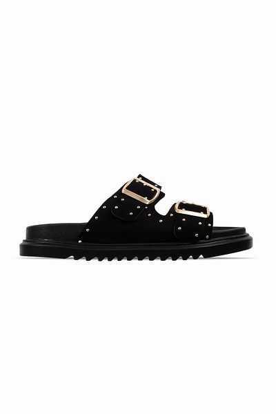 Lal Shoes & Bags Larwen Women's Metal Beaded Double Strap Buckle Detailed Slippers-S.Black