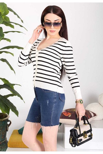 BOZKAYA ÖRME Seasonal Women's Striped Cotton Cardigan