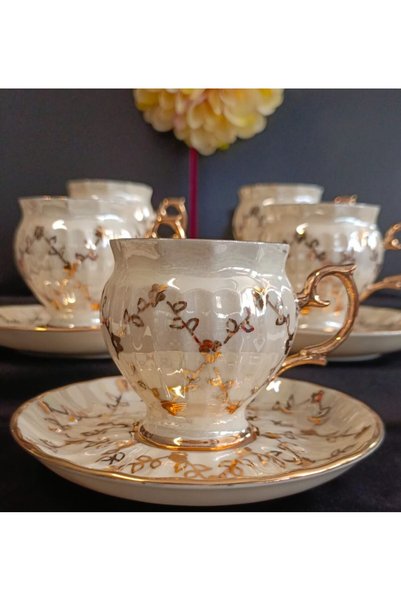 BY.RAYKA PORSELEN El Dekor Pervi̇ Porcelain Hand Painted Coffee Cup Set