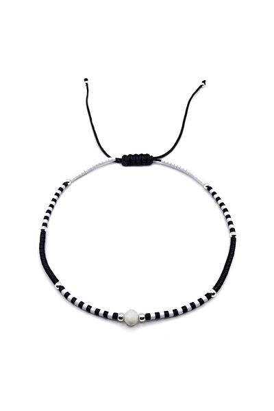 OEM Handmade Anklet Bracelet, 925 Sterling Silver, Adjustable, Miyuki Beads and Moonstone, White/Black