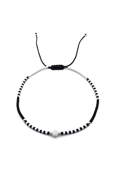OEM Handmade Anklet Bracelet, 925 Sterling Silver, Adjustable, Miyuki Beads and Moonstone, White/Black