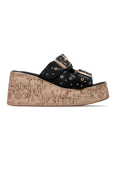 Lal Shoes & Bags Koen Women's Double Belted Buckle Detailed Cork Sole Wedge Heeled Slippers-Black