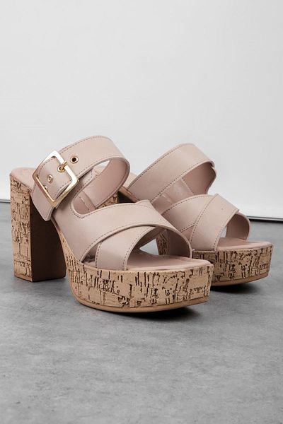 Lal Shoes & Bags Mute Women's Belt Buckle Detailed Cross Strap Heeled Slippers-Cream