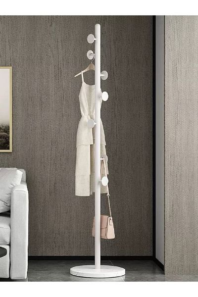 rexa Minimalist White Freestanding Coat Rack with Round Hooks & Marble Base