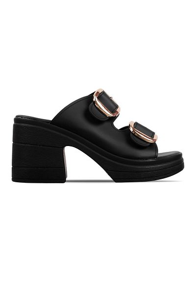 Lal Shoes & Bags Noria Women's Double Belt Buckle Detailed Heeled Slippers-Black