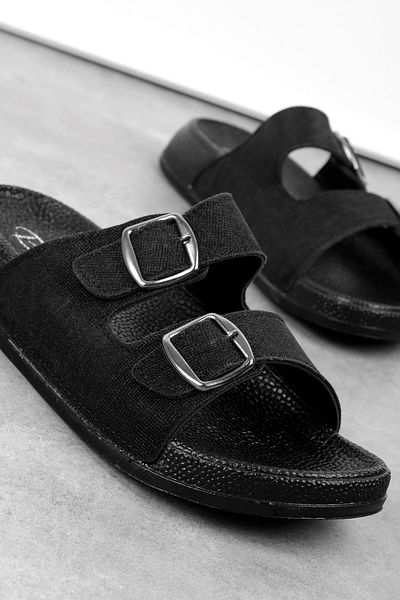 Lal Shoes & Bags Gold Women's Belt Buckle Detailed Glittery Slippers-Black