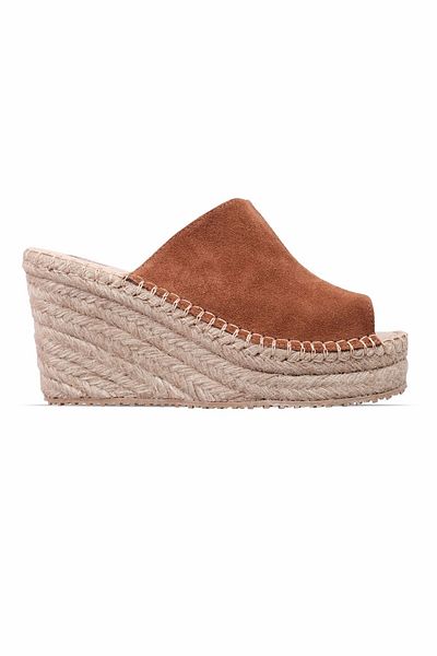 Lal Shoes & Bags Noise Women's Genuine Leather Open Front Nubuck Detailed Wedge Heeled Slippers-Tan